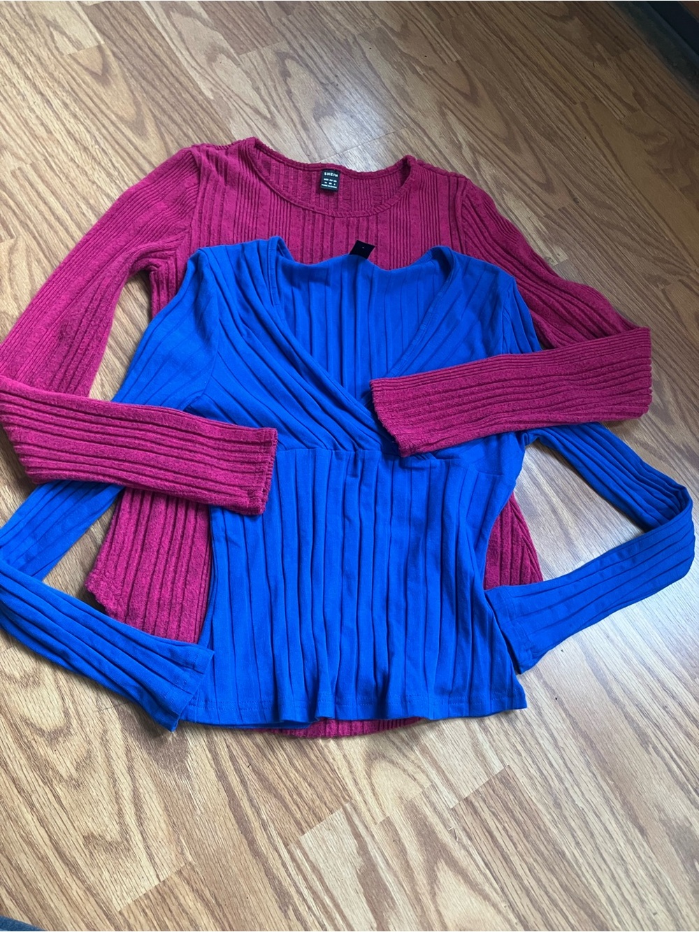 SHEIN Blue Wrap-Front Sweater and pinkish ribbed long sleeve lightweight sweater